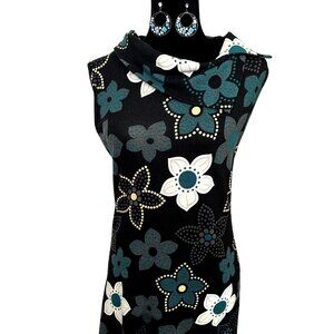 Papillon Black Teal White Knit Floral Patterned Dress Size Small Sleeveless